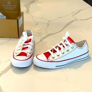 CONVERSE SNEAKERS - Size 5.5; White, Red, with Gold accents. Never Been Worn